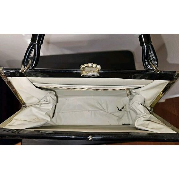 Vintage 1950s 1960's Black Patent Leather Framed Purse Short handle Classy U.S.A - Picture 13 of 13